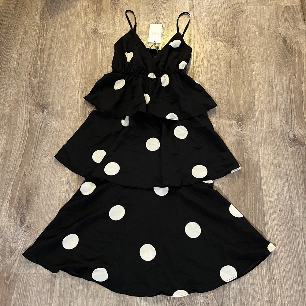 Tuckernuck O.P.T Cava Black and White Polka Dot Tiered Midi Dress - Picture 3 of 6